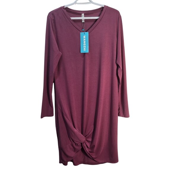 NWT | Burgundy Long Sleeve V-Neck T-Shirt Dress Tunic Tie Knot Hem | Large - Picture 1 of 5